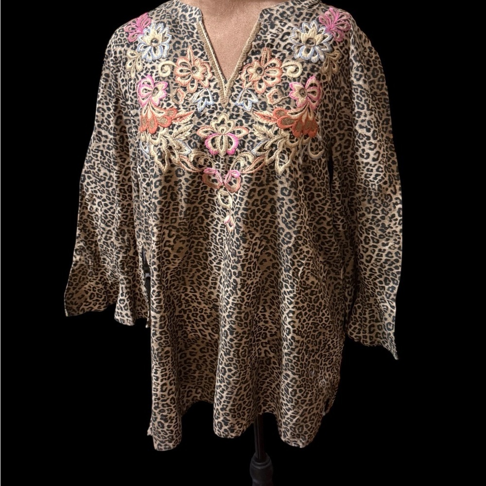Chico's Leopard Print Tunic with Floral Embroidery